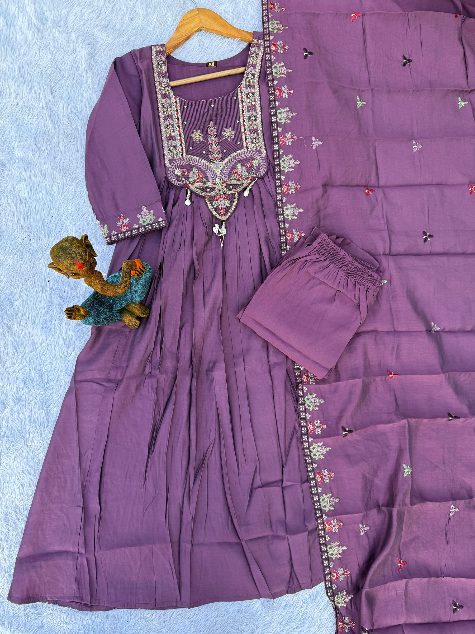 Lorenvalley Fashion Lavender Roman Silk Multi Sequence Embroidery Thread With Hand Work Anarkali Kurti Pant Dupatta