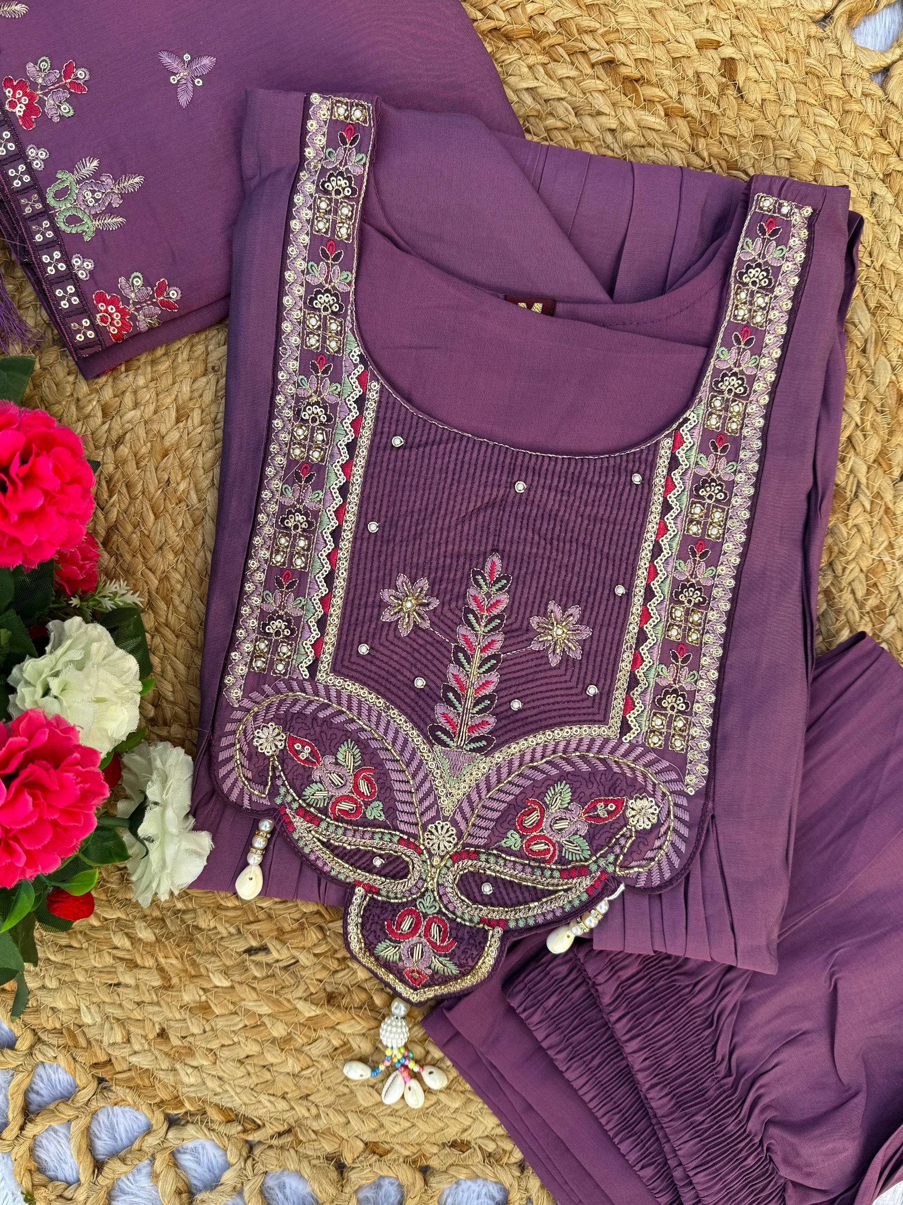 Lorenvalley Fashion Lavender Roman Silk Multi Sequence Embroidery Thread With Hand Work Anarkali Kurti Pant Dupatta