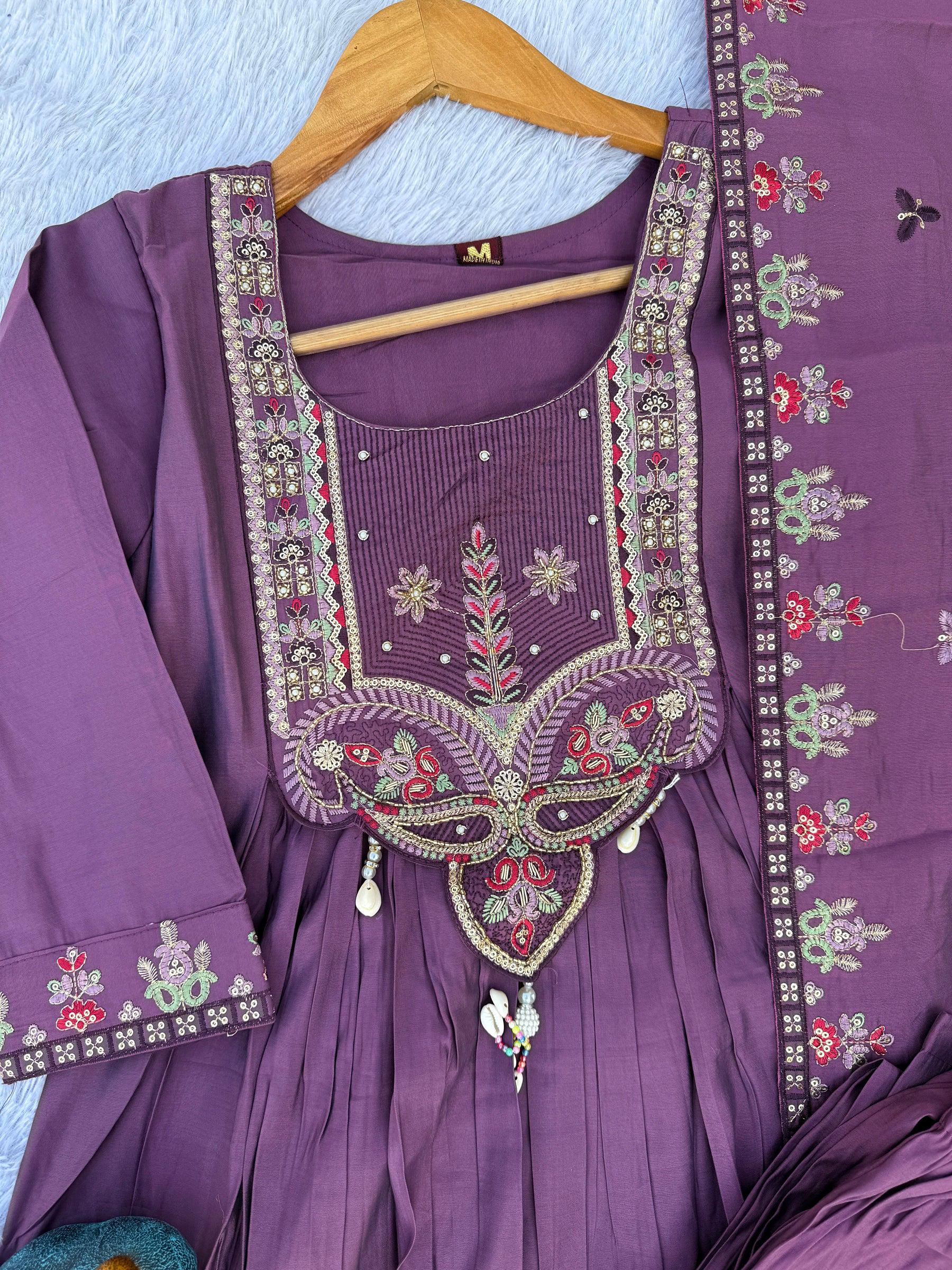 Lorenvalley Fashion Lavender Roman Silk Multi Sequence Embroidery Thread With Hand Work Anarkali Kurti Pant Dupatta