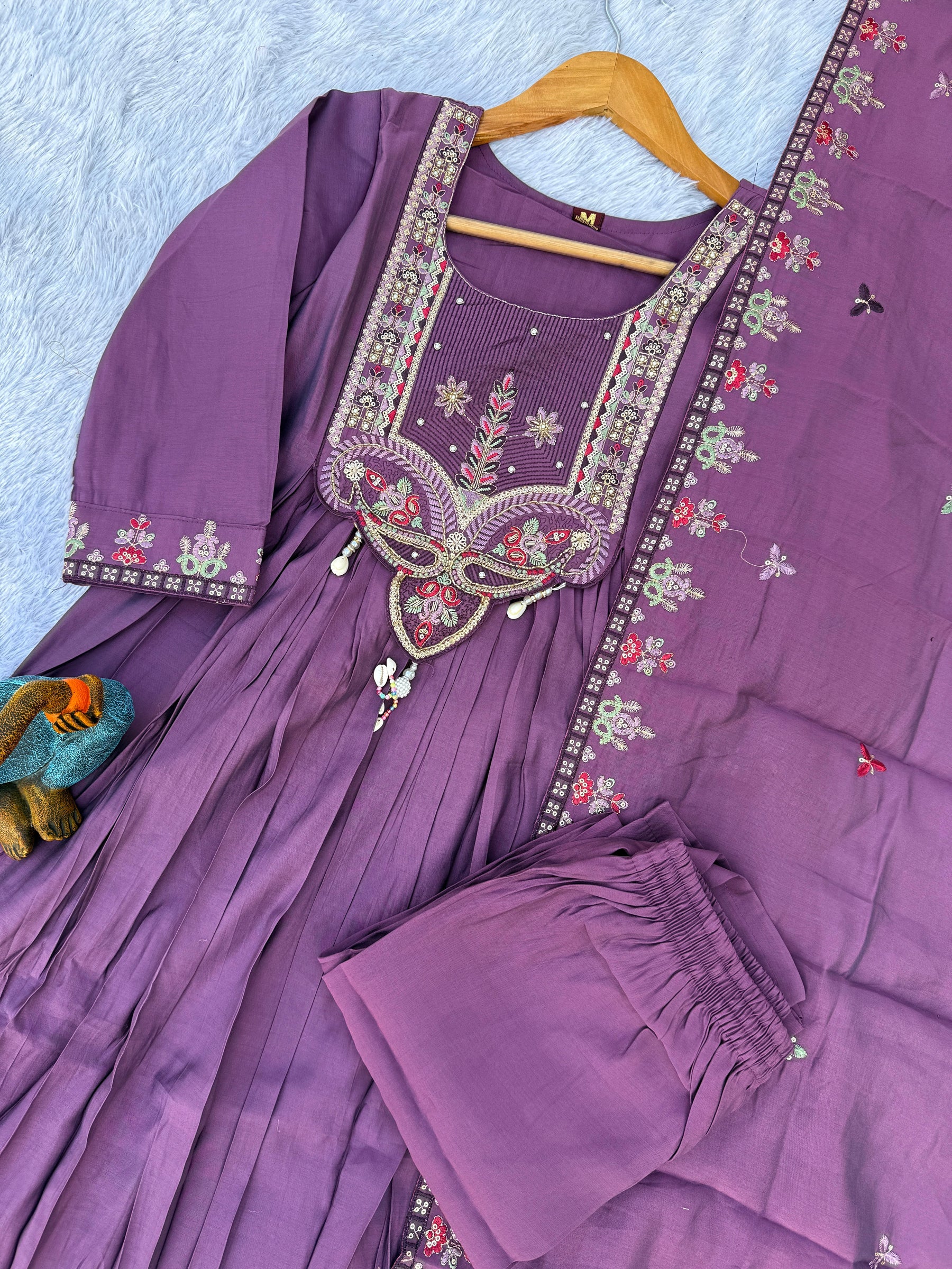Lorenvalley Fashion Lavender Roman Silk Multi Sequence Embroidery Thread With Hand Work Anarkali Kurti Pant Dupatta