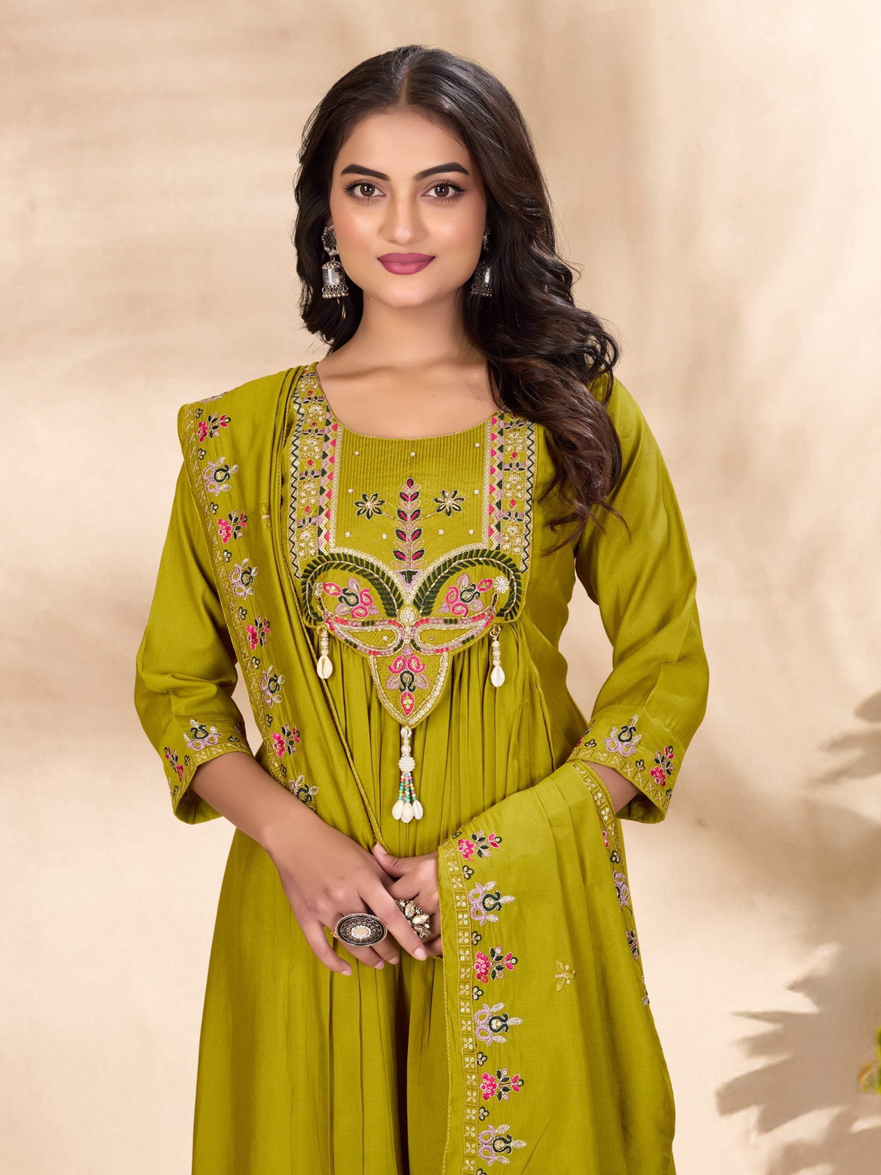 Lorenvalley Fashion Parrot Roman Silk Multi Sequence Embroidery Thread With Hand Work Anarkali Kurti Pant Dupatta