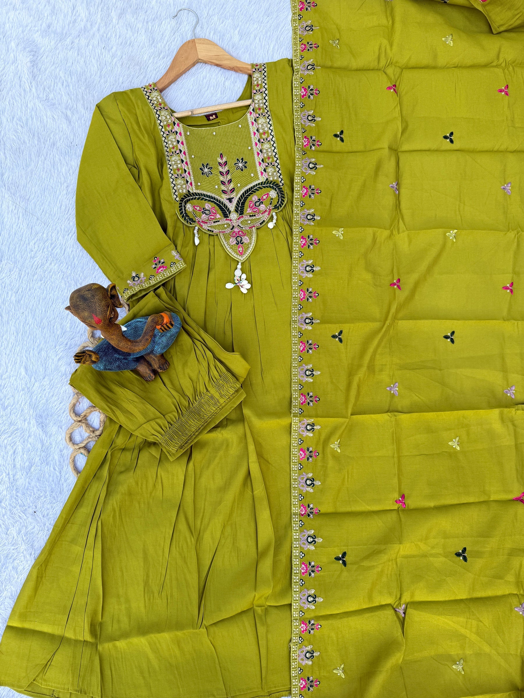 Lorenvalley Fashion Parrot Roman Silk Multi Sequence Embroidery Thread With Hand Work Anarkali Kurti Pant Dupatta