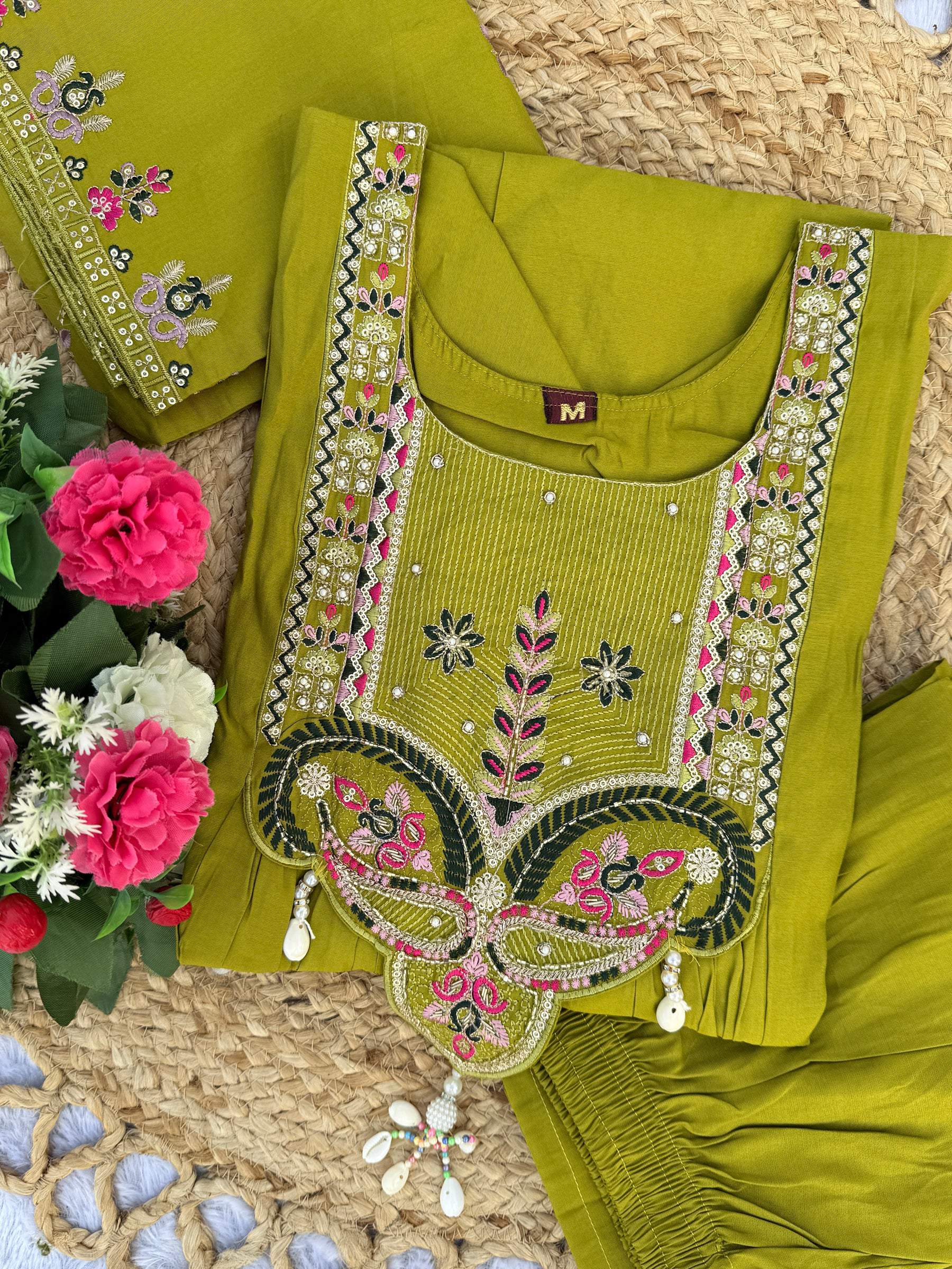 Lorenvalley Fashion Parrot Roman Silk Multi Sequence Embroidery Thread With Hand Work Anarkali Kurti Pant Dupatta