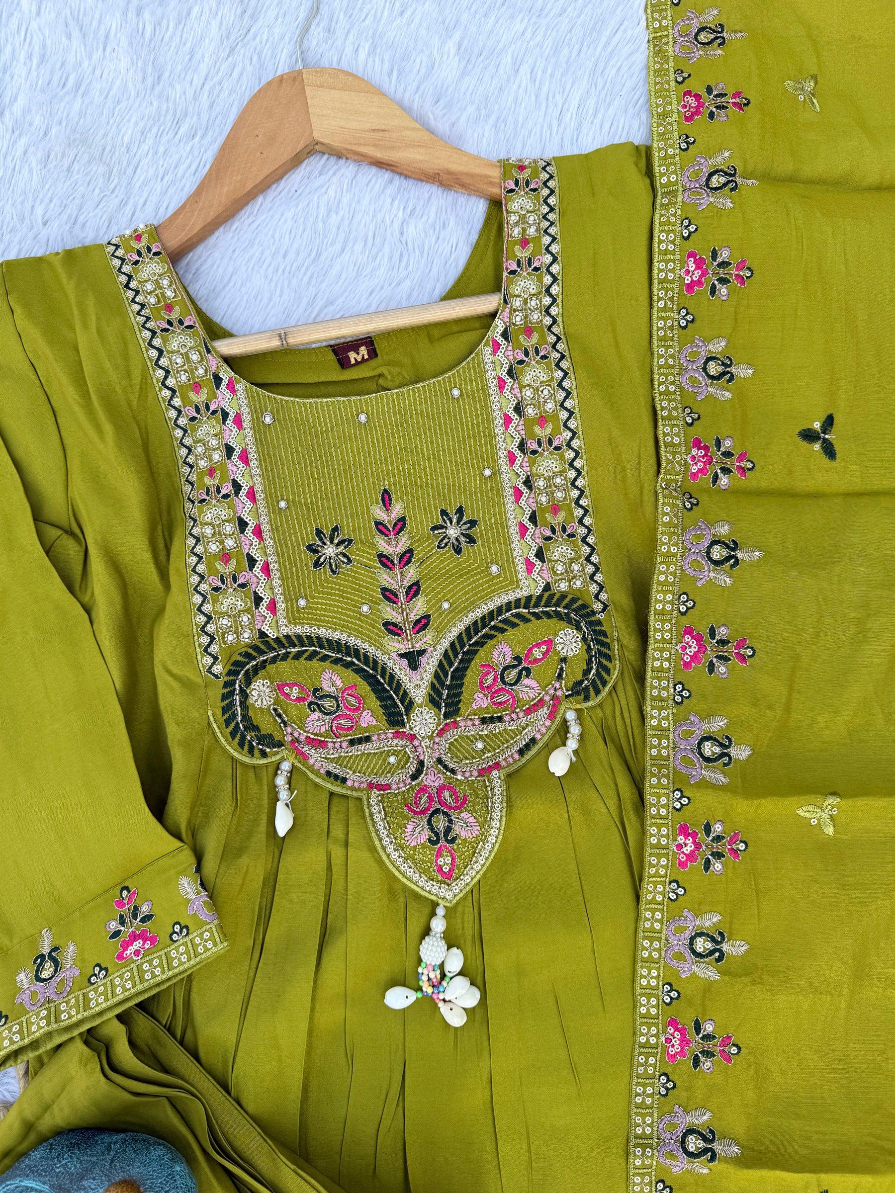 Lorenvalley Fashion Parrot Roman Silk Multi Sequence Embroidery Thread With Hand Work Anarkali Kurti Pant Dupatta