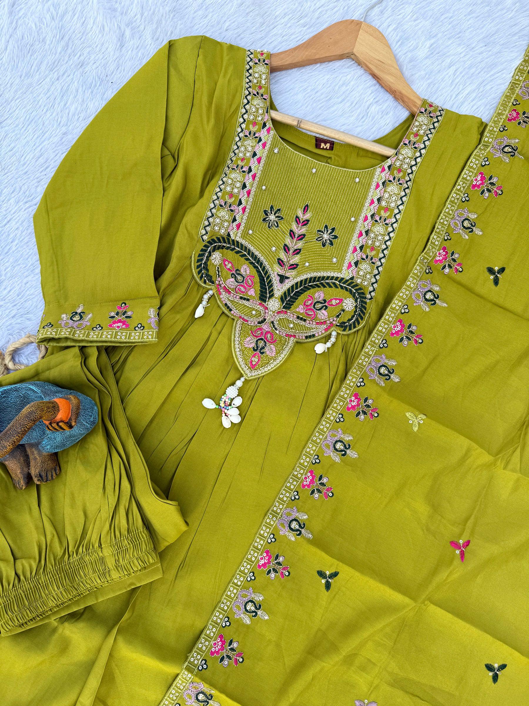 Lorenvalley Fashion Parrot Roman Silk Multi Sequence Embroidery Thread With Hand Work Anarkali Kurti Pant Dupatta