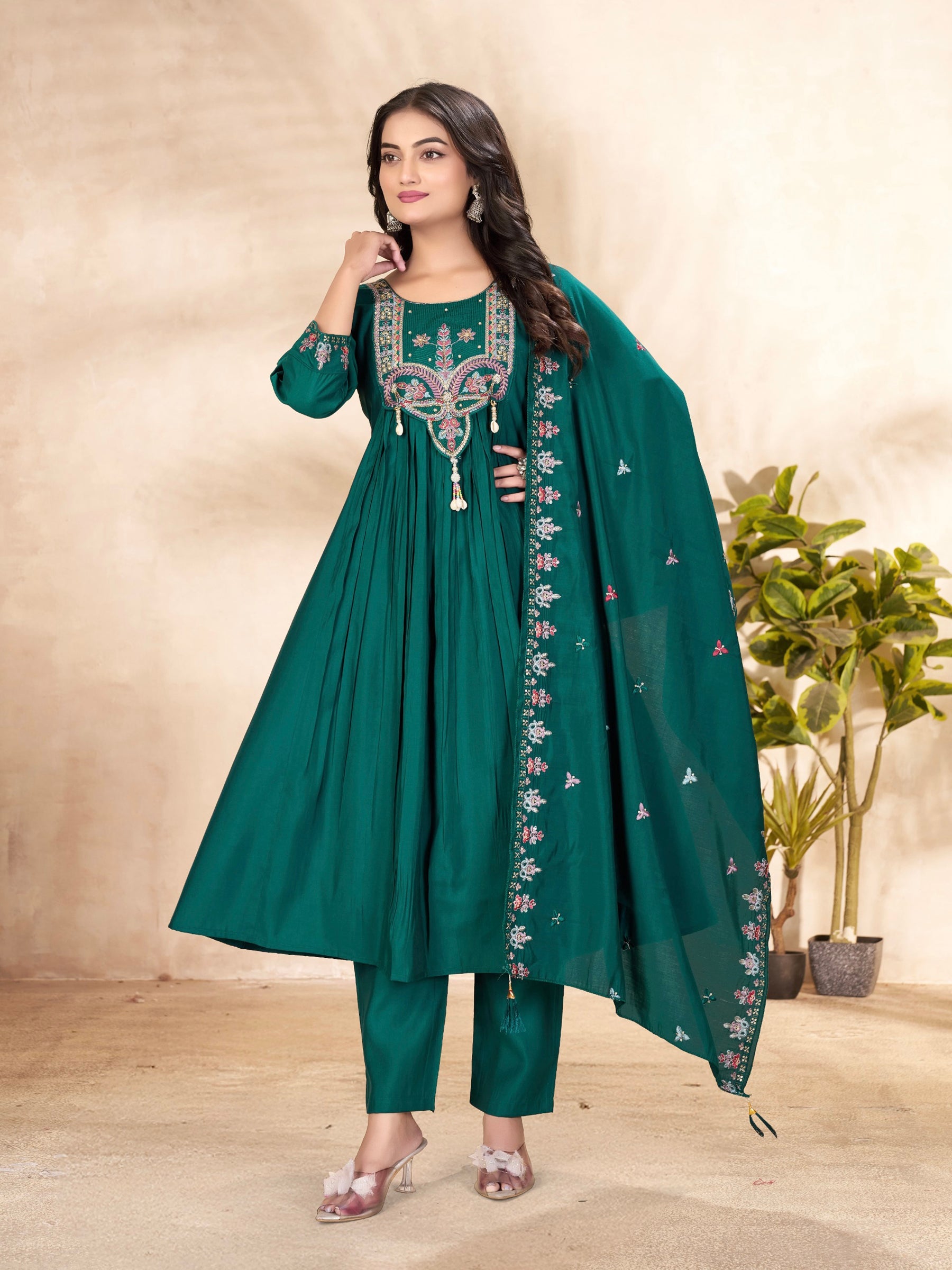 Lorenvalley Fashion Rama Roman Silk Multi Sequence Embroidery Thread With Hand Work Anarkali Kurti Pant Dupatta