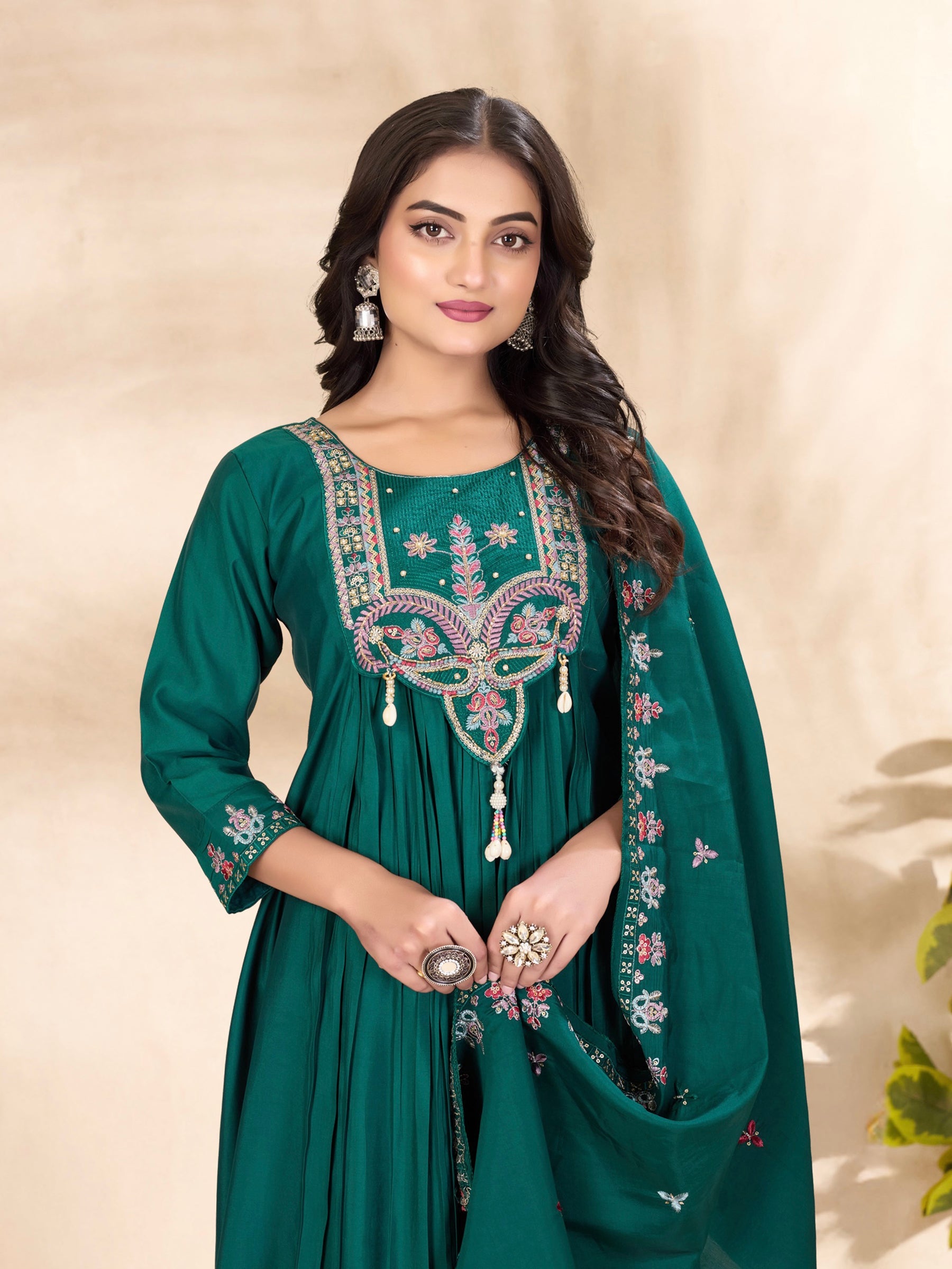 Lorenvalley Fashion Rama Roman Silk Multi Sequence Embroidery Thread With Hand Work Anarkali Kurti Pant Dupatta