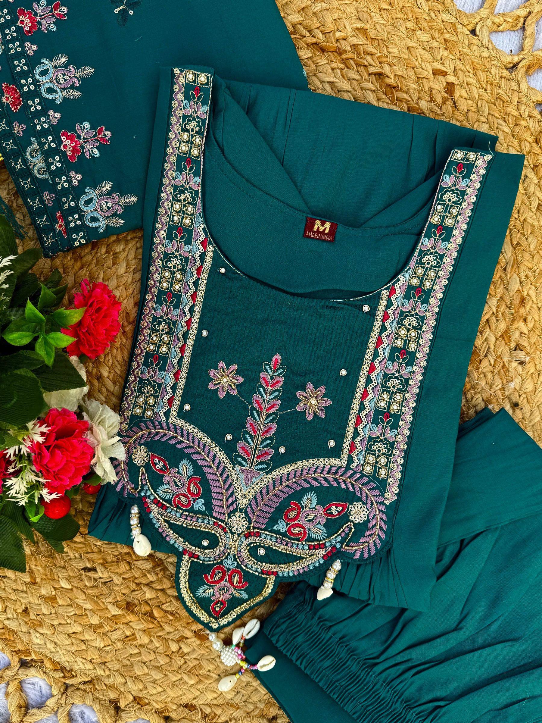 Lorenvalley Fashion Rama Roman Silk Multi Sequence Embroidery Thread With Hand Work Anarkali Kurti Pant Dupatta
