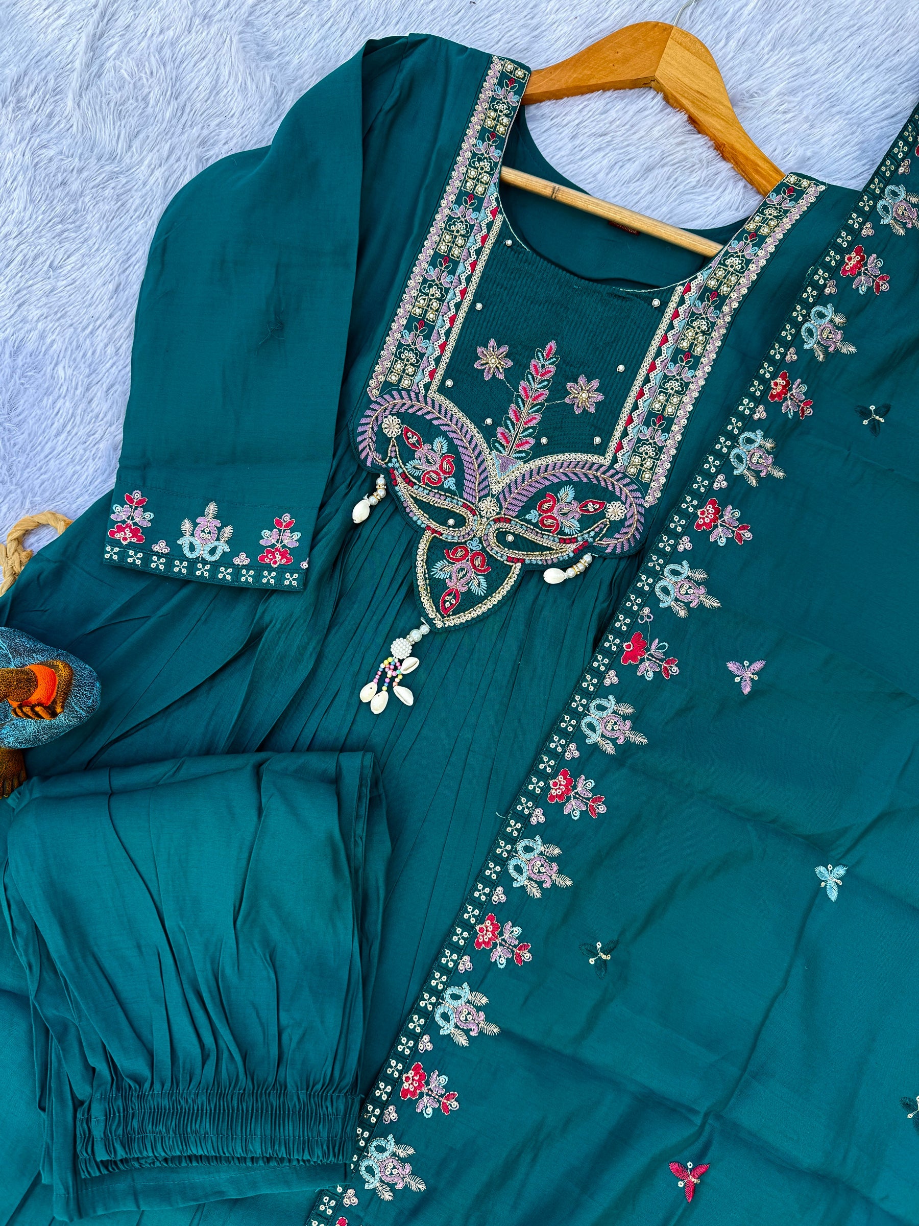Lorenvalley Fashion Rama Roman Silk Multi Sequence Embroidery Thread With Hand Work Anarkali Kurti Pant Dupatta