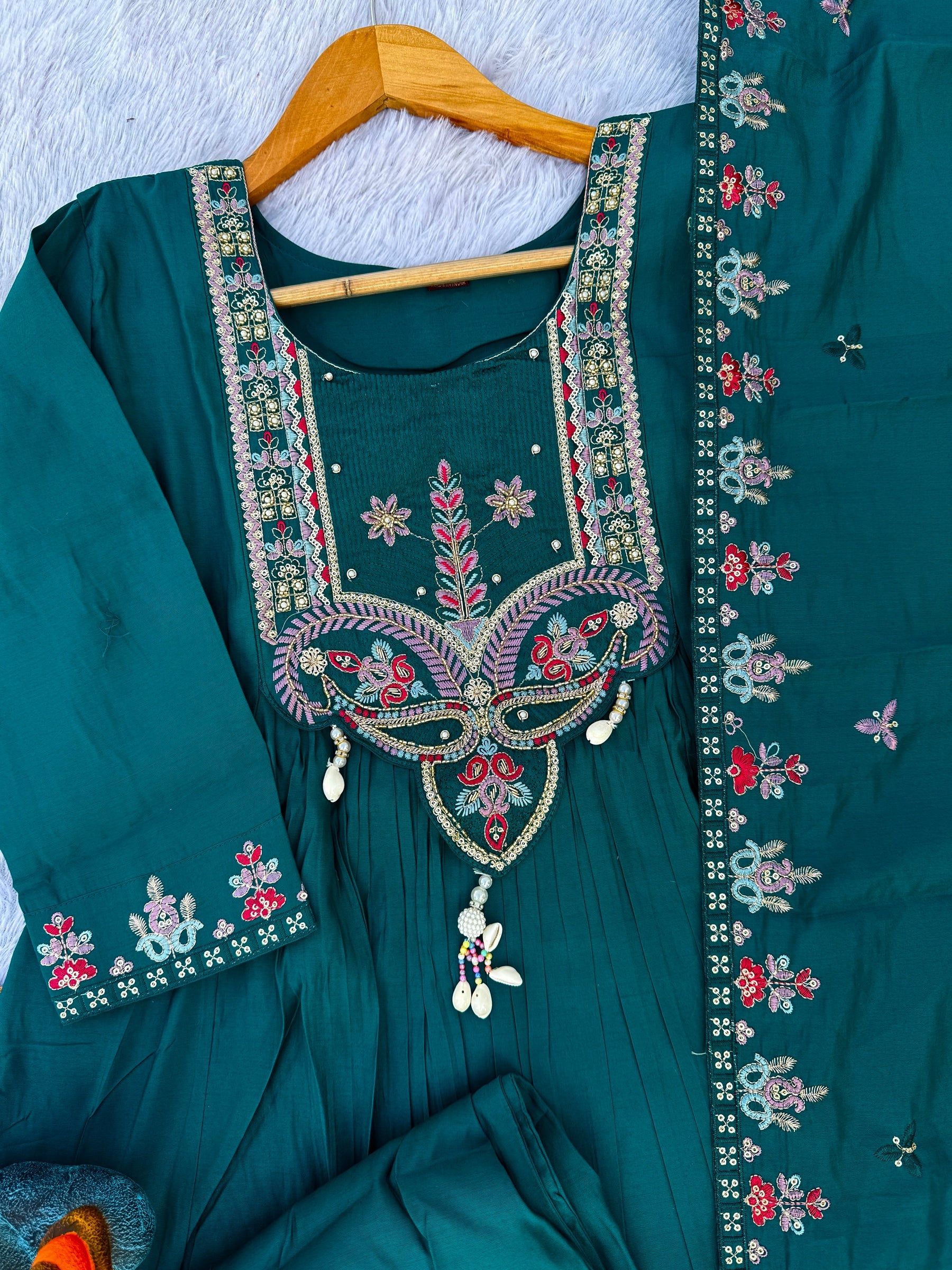 Lorenvalley Fashion Rama Roman Silk Multi Sequence Embroidery Thread With Hand Work Anarkali Kurti Pant Dupatta