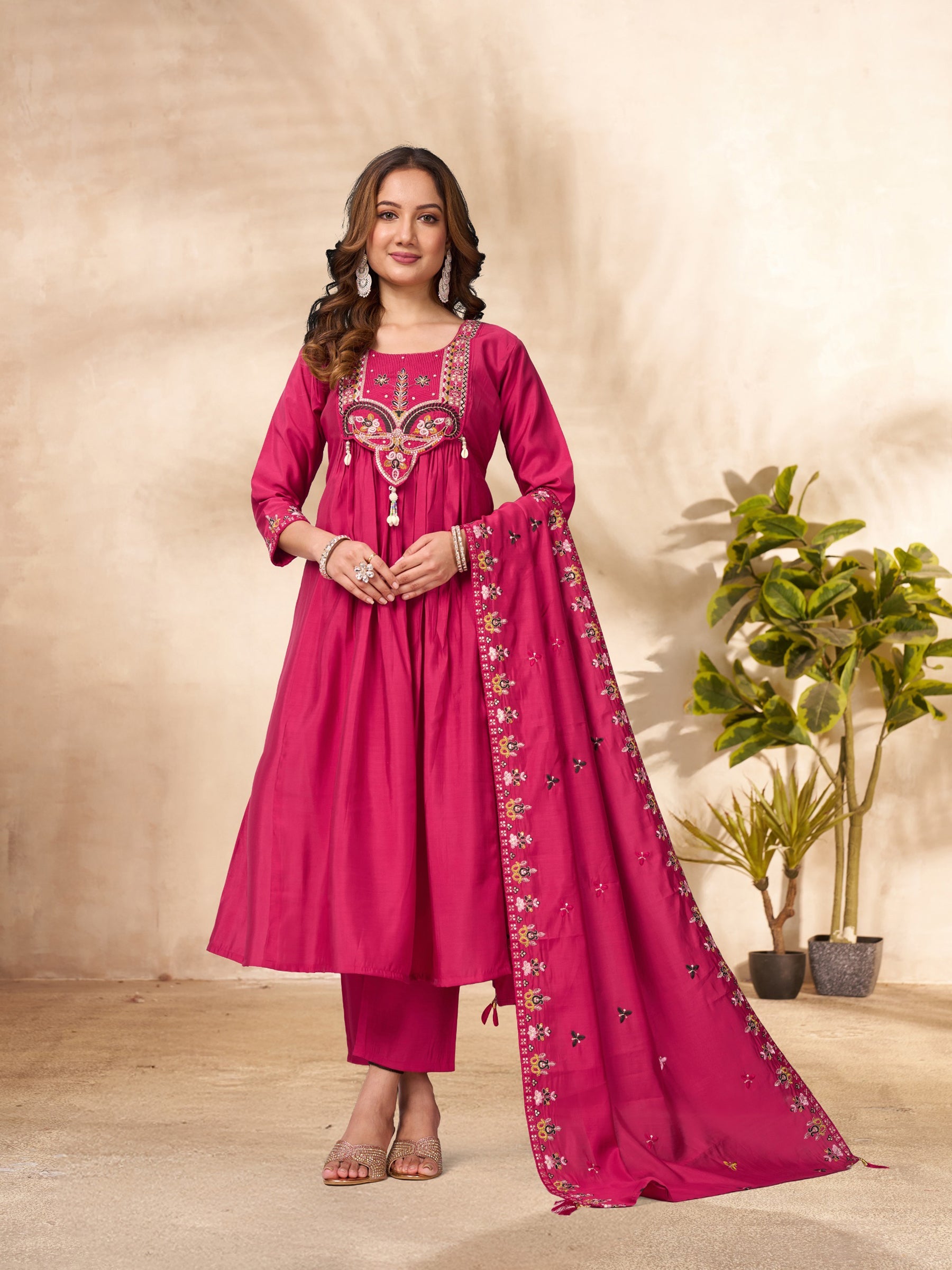 Lorenvalley Fashion Ranipink Roman Silk Multi Sequence Embroidery Thread With Hand Work Anarkali Kurti Pant Dupatta