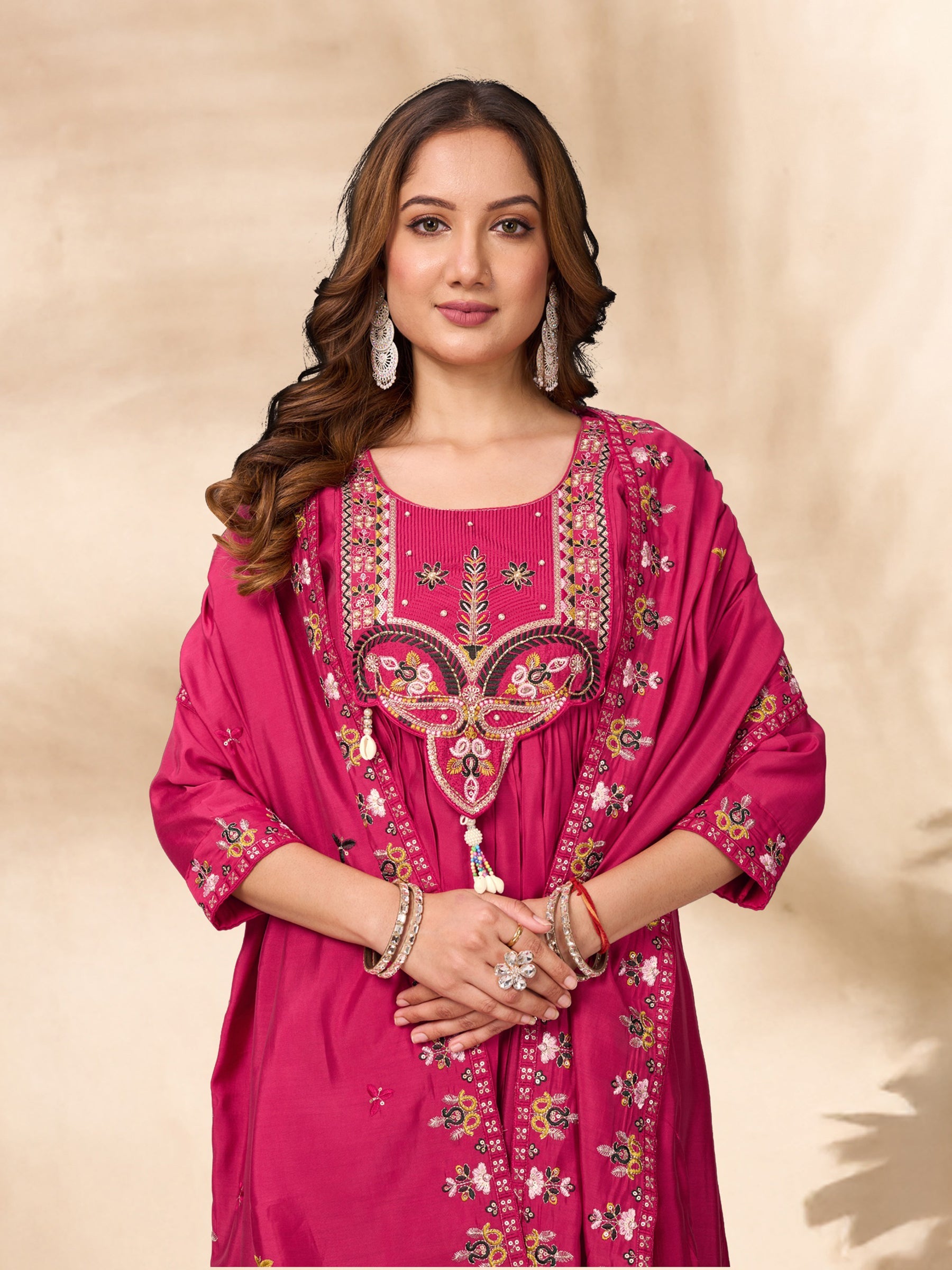 Lorenvalley Fashion Ranipink Roman Silk Multi Sequence Embroidery Thread With Hand Work Anarkali Kurti Pant Dupatta