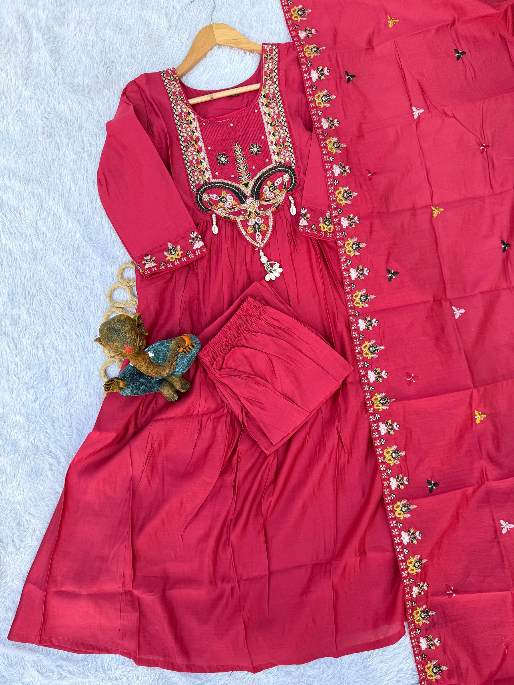 Lorenvalley Fashion Ranipink Roman Silk Multi Sequence Embroidery Thread With Hand Work Anarkali Kurti Pant Dupatta