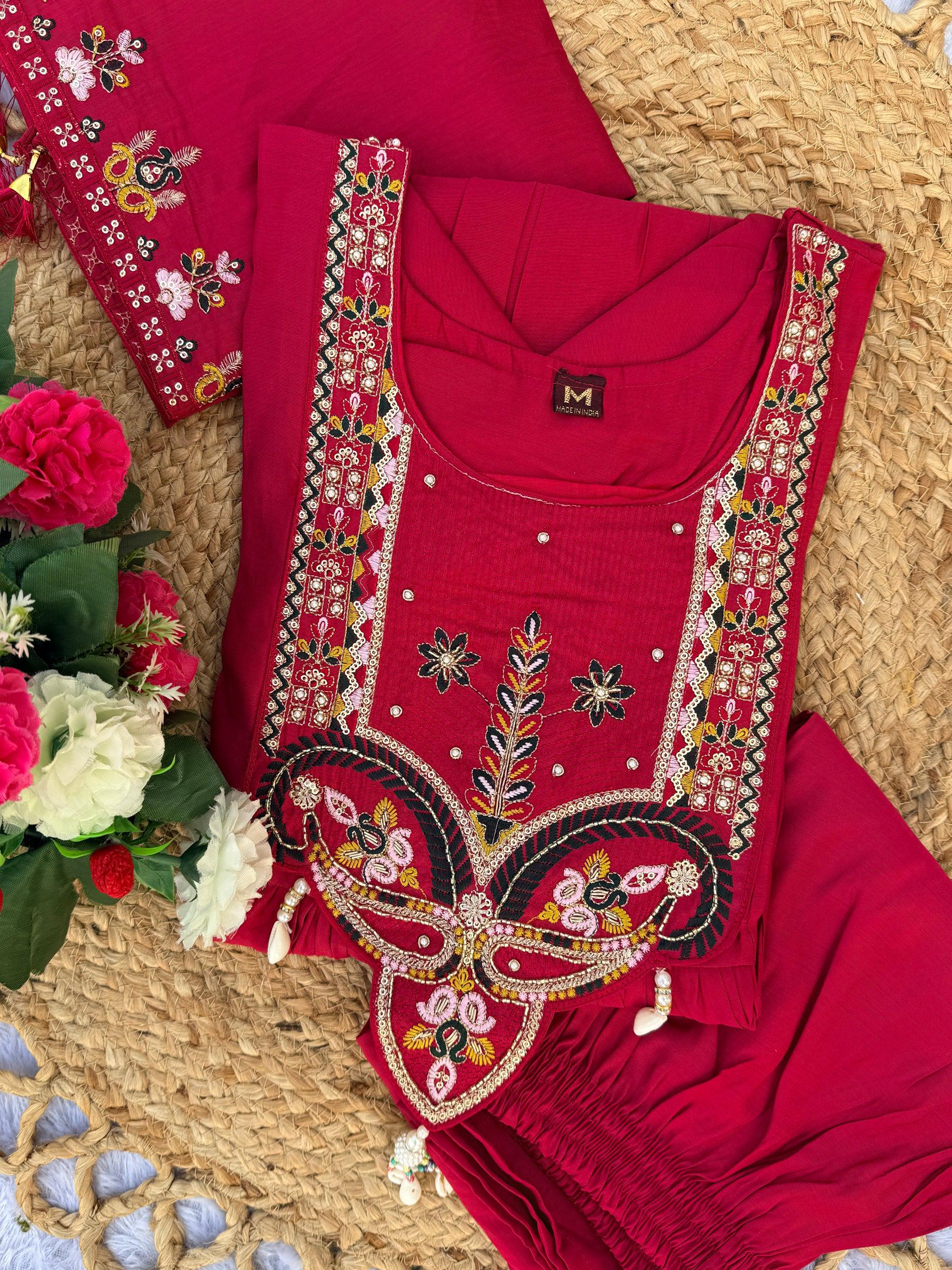 Lorenvalley Fashion Ranipink Roman Silk Multi Sequence Embroidery Thread With Hand Work Anarkali Kurti Pant Dupatta