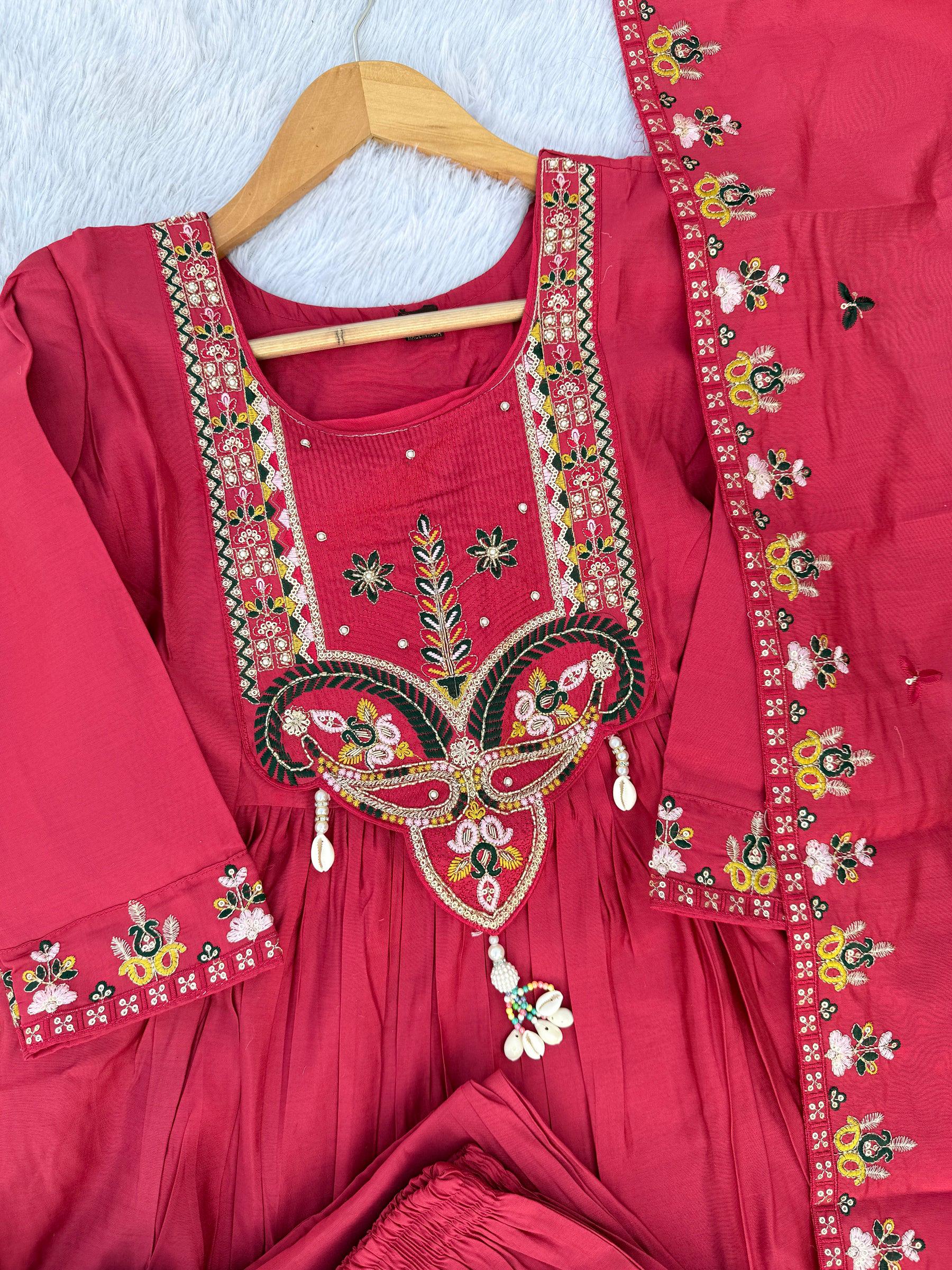 Lorenvalley Fashion Ranipink Roman Silk Multi Sequence Embroidery Thread With Hand Work Anarkali Kurti Pant Dupatta