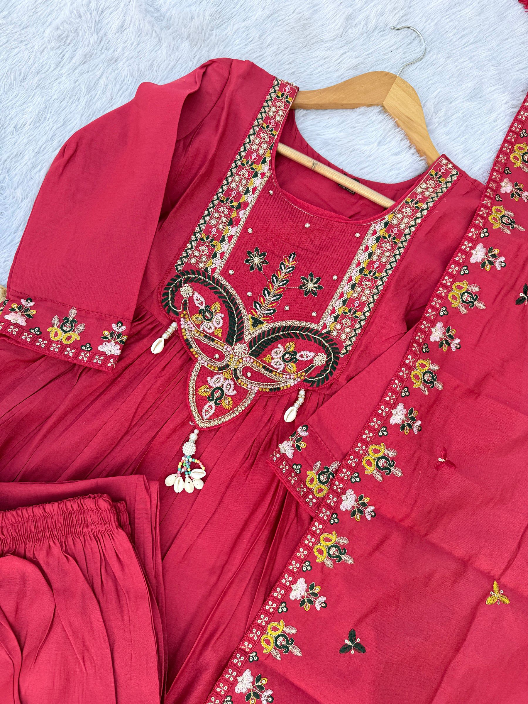 Lorenvalley Fashion Ranipink Roman Silk Multi Sequence Embroidery Thread With Hand Work Anarkali Kurti Pant Dupatta