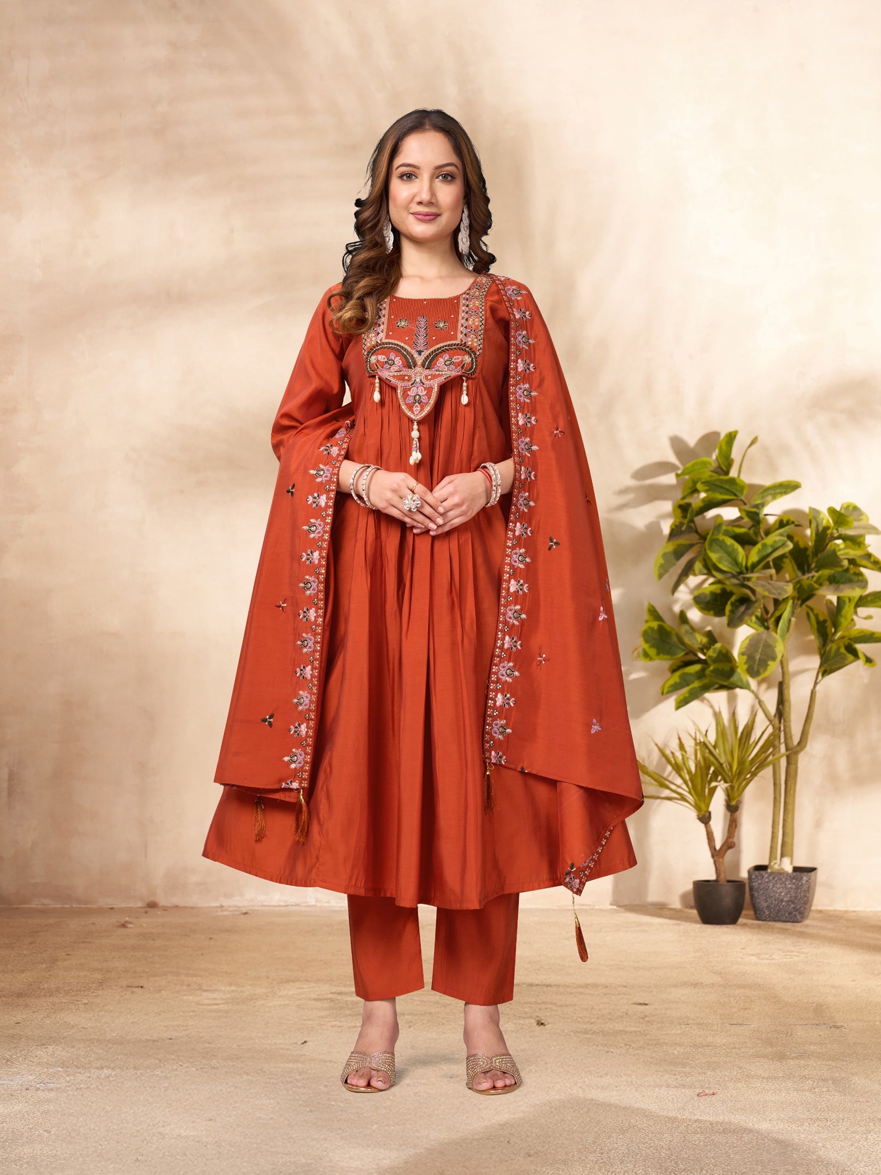 Lorenvalley Fashion Rust Roman Silk Multi Sequence Embroidery Thread With Hand Work Anarkali Kurti Pant Dupatta