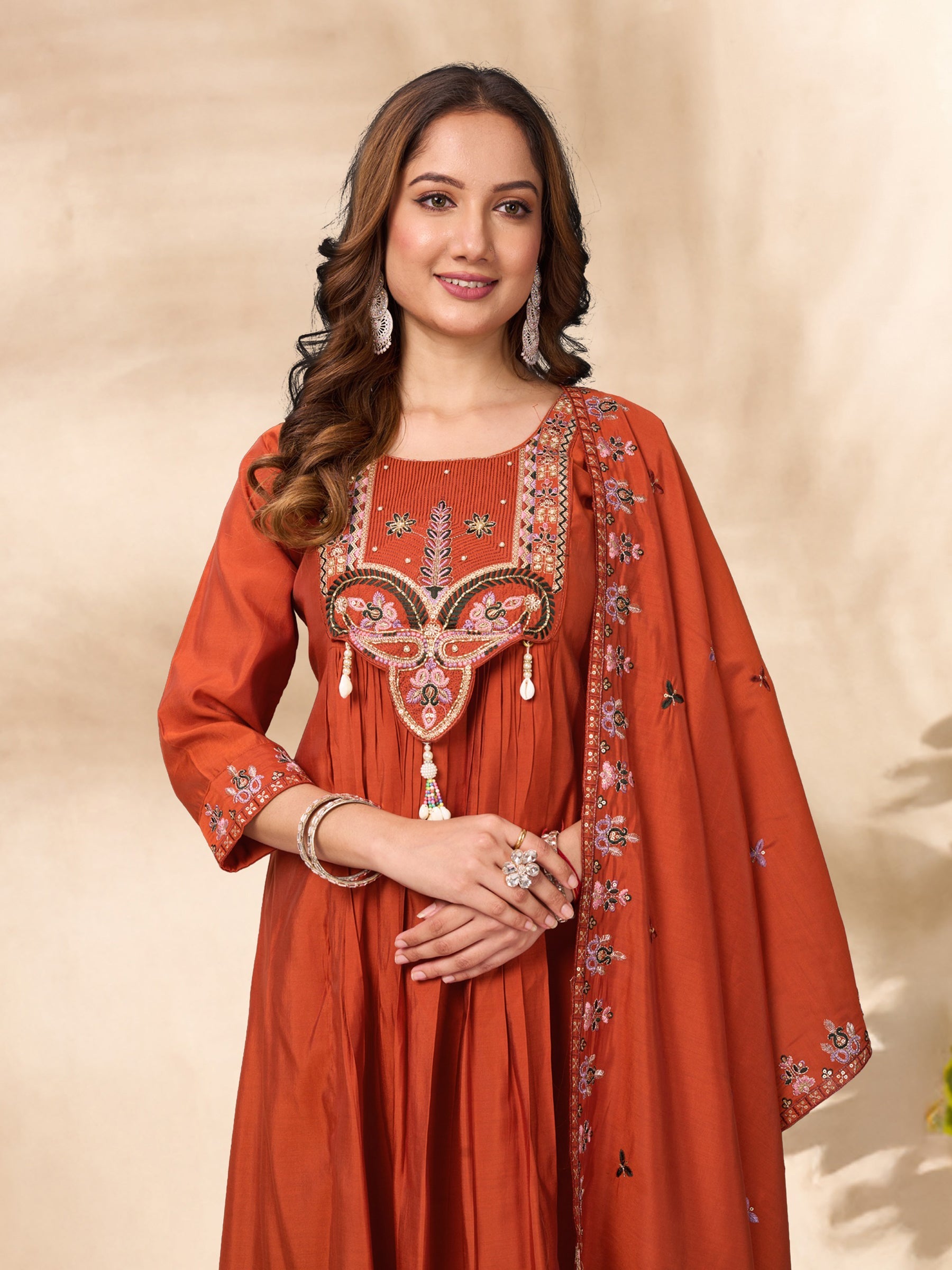 Lorenvalley Fashion Rust Roman Silk Multi Sequence Embroidery Thread With Hand Work Anarkali Kurti Pant Dupatta