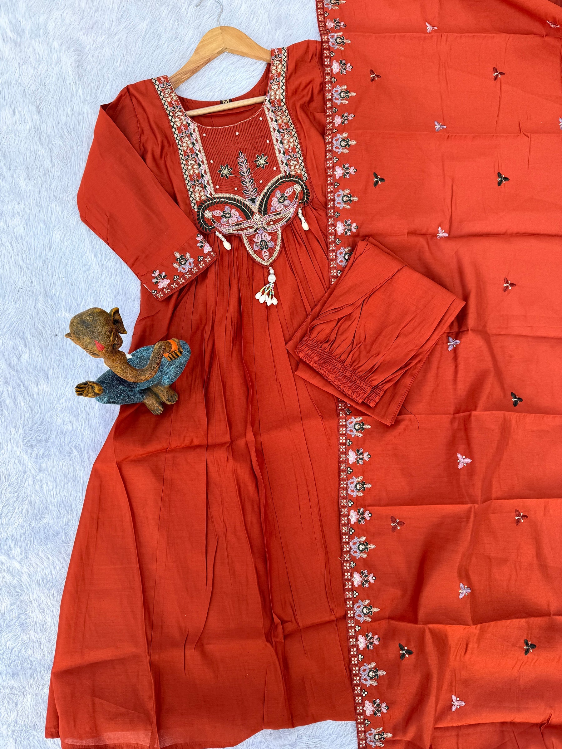 Lorenvalley Fashion Rust Roman Silk Multi Sequence Embroidery Thread With Hand Work Anarkali Kurti Pant Dupatta