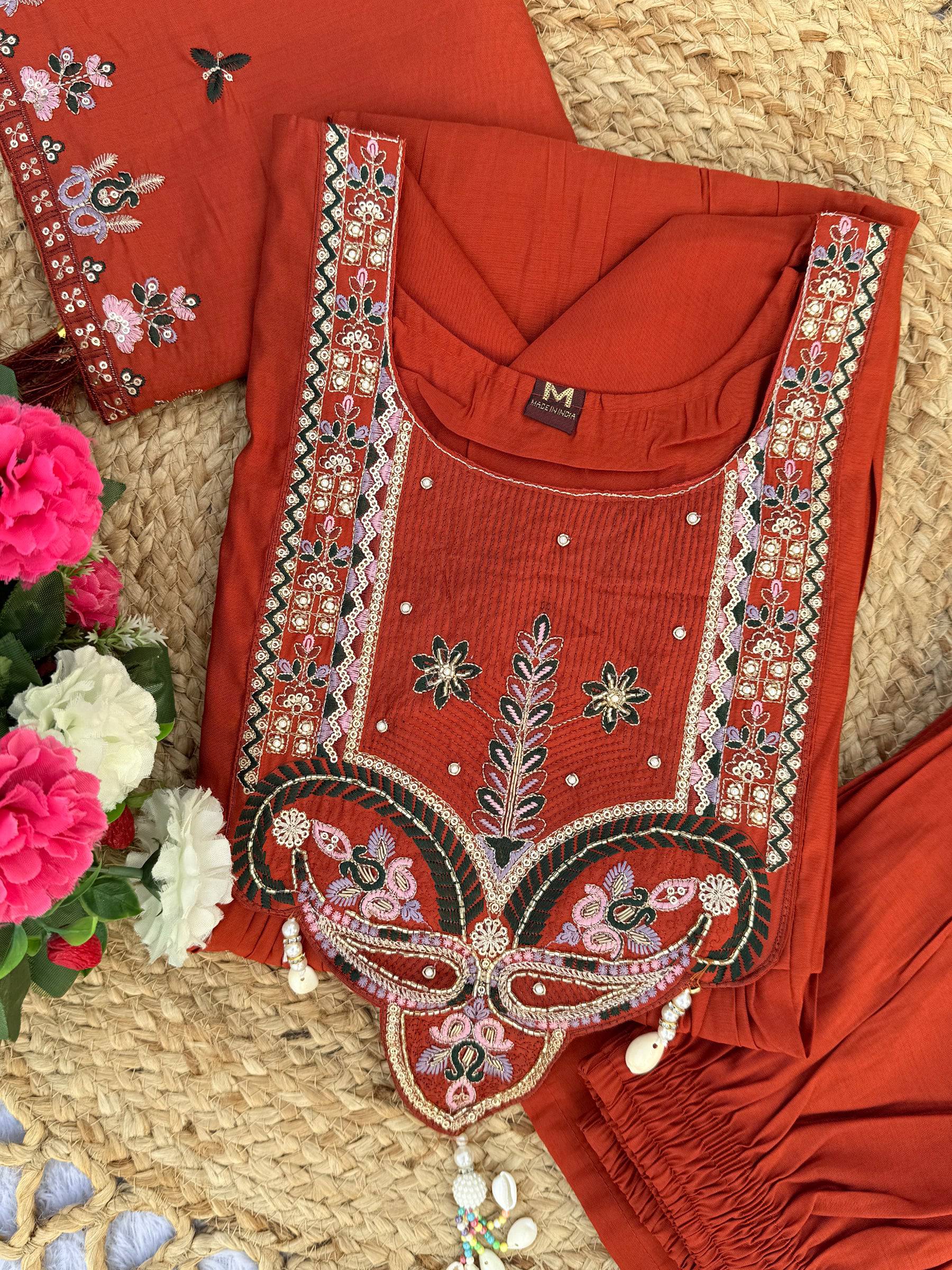 Lorenvalley Fashion Rust Roman Silk Multi Sequence Embroidery Thread With Hand Work Anarkali Kurti Pant Dupatta