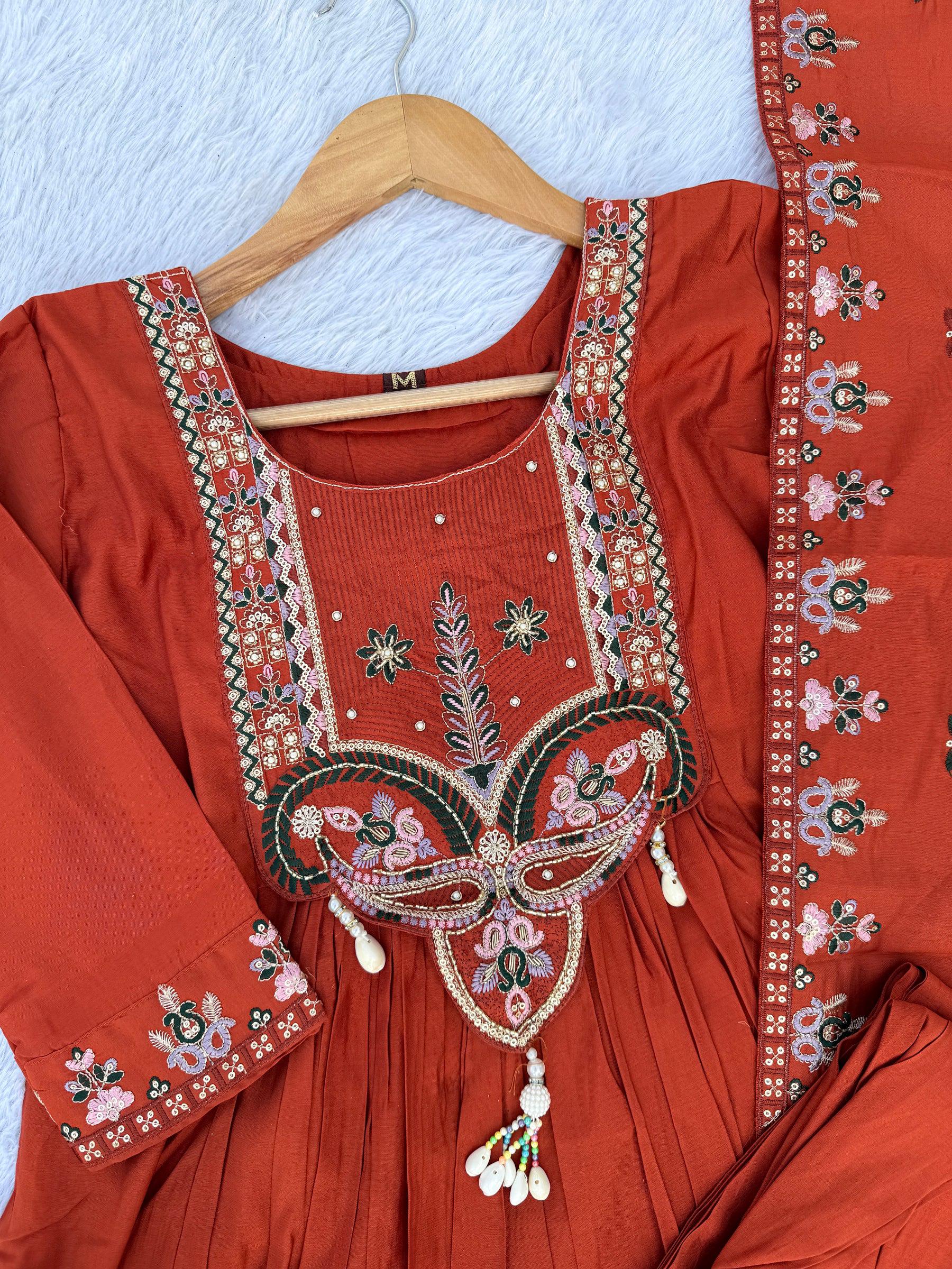 Lorenvalley Fashion Rust Roman Silk Multi Sequence Embroidery Thread With Hand Work Anarkali Kurti Pant Dupatta