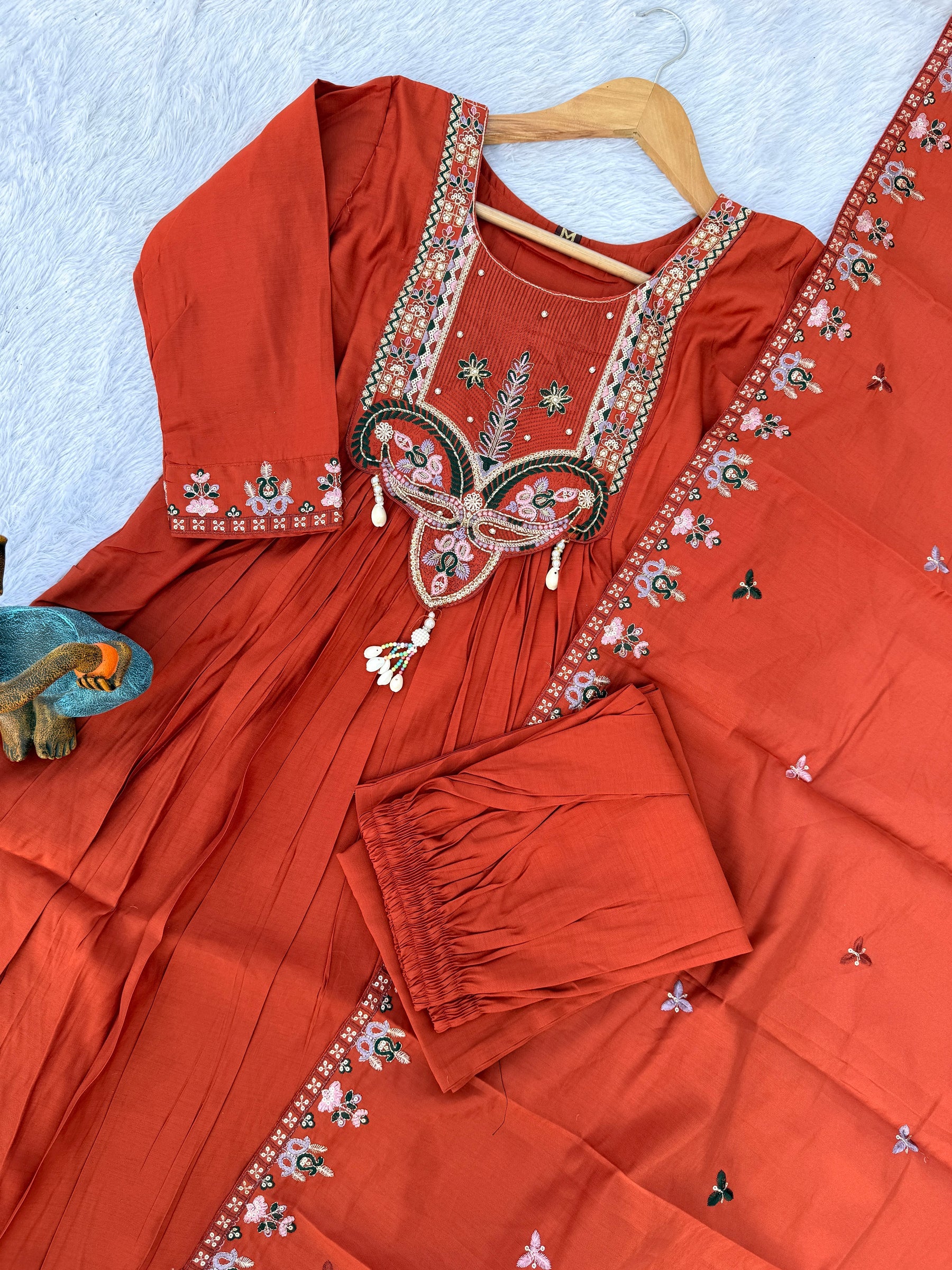 Lorenvalley Fashion Rust Roman Silk Multi Sequence Embroidery Thread With Hand Work Anarkali Kurti Pant Dupatta