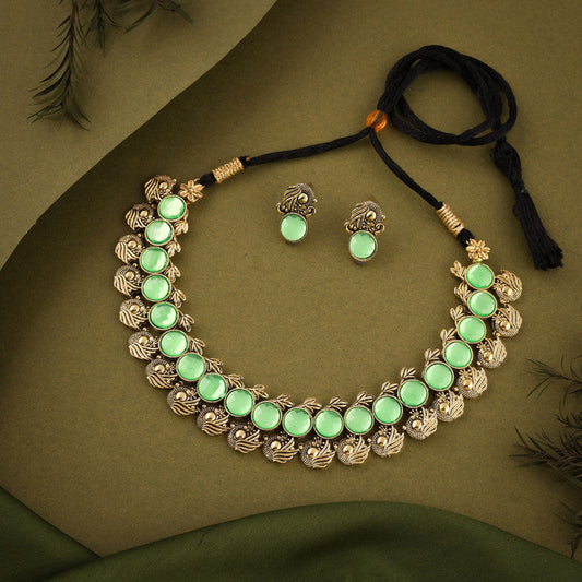Tehzeeb Creations Sea Green Colour Gold-Polished Stone Jewellery Choker Necklace Set With Matching Pair of Stud Earrings