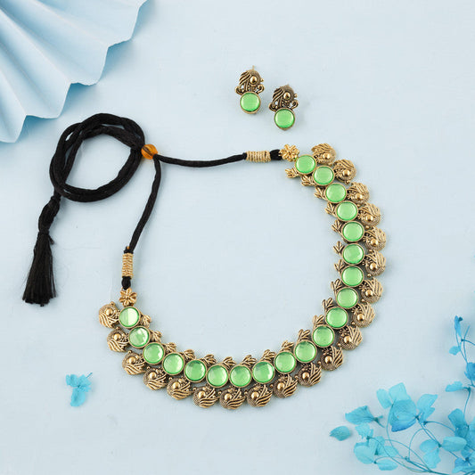 Tehzeeb Creations Sea Green Colour Gold-Polished Stone Jewellery Choker Necklace Set With Matching Pair of Stud Earrings
