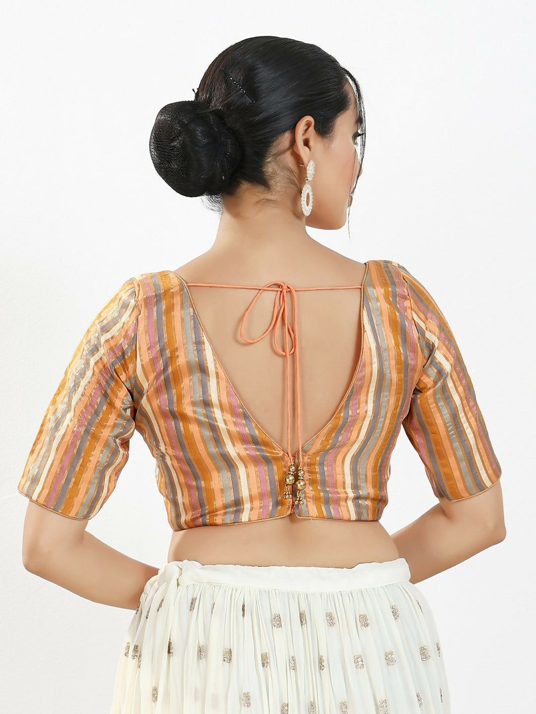 Joban Fashion Peach Multi Brocade Padded Blouse With V Neck Elbow Sleeves