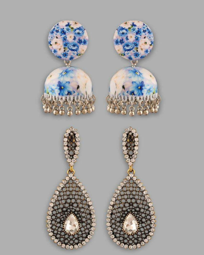 VOJ Set Of 2 Earrings- Blue Printed Jhumka With Black AD Studded Drop Earrings - Grab2buy