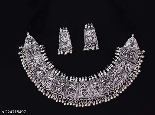 Tehzeeb Creations Women's German Silver Oxidised Necklace And Earrings Tehzeeb Creations