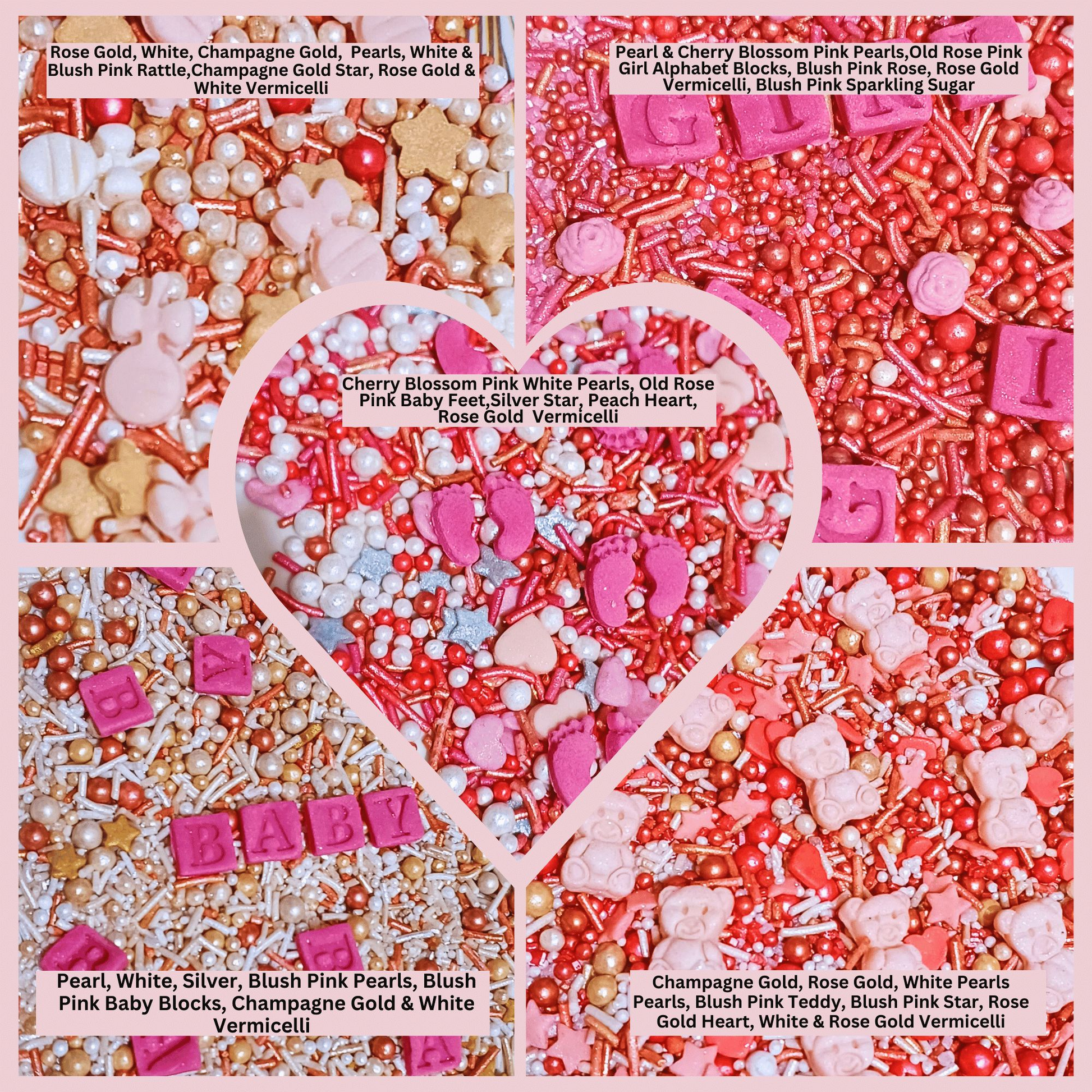 Confect Girls Baby Shower Sprinkles | Mix Silver, Gold & Blush pink Sprinkles Pack of 5