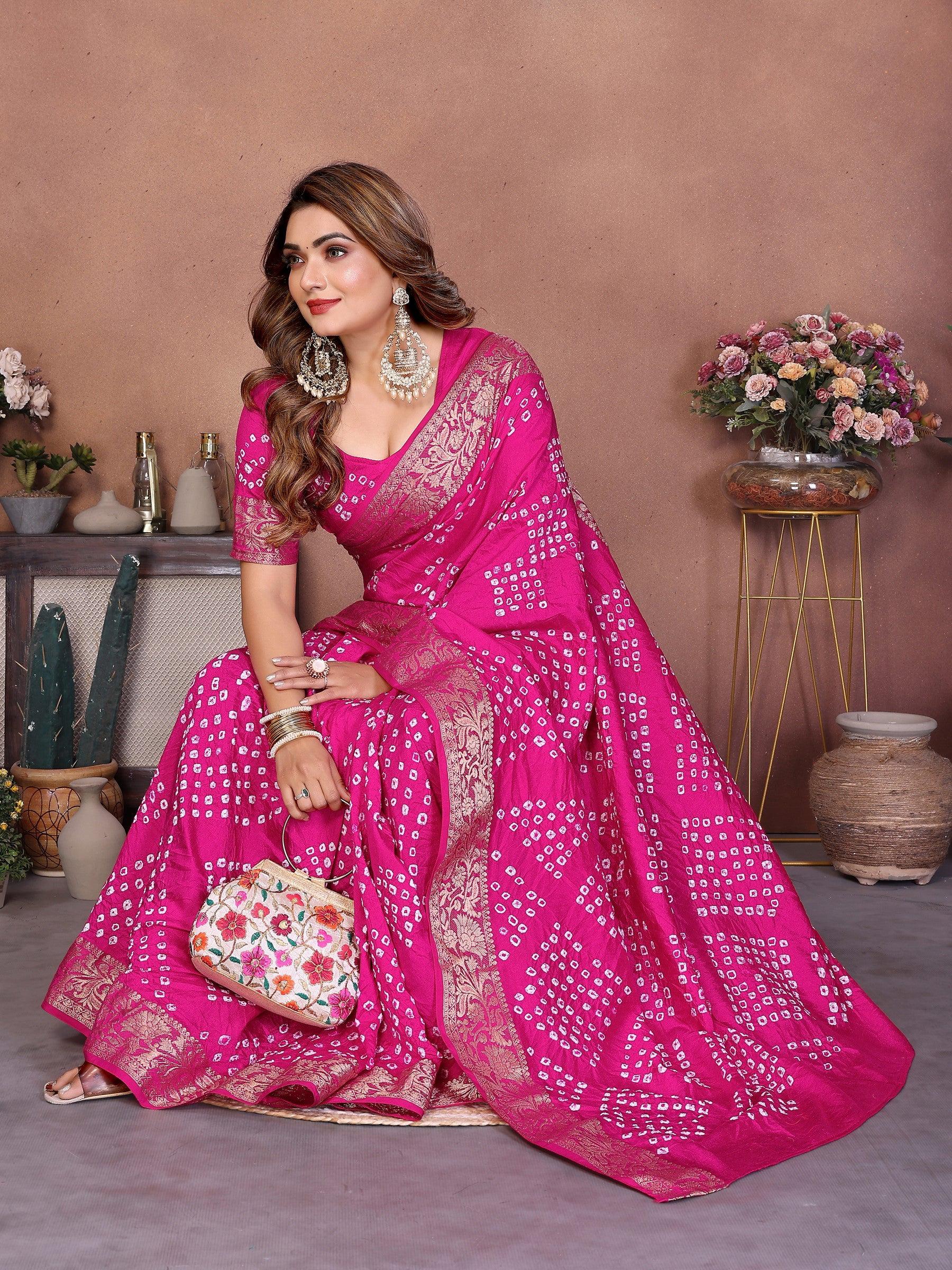 Anaita Pink Handmade Bandhej Viscose Silk Saree With Blouse