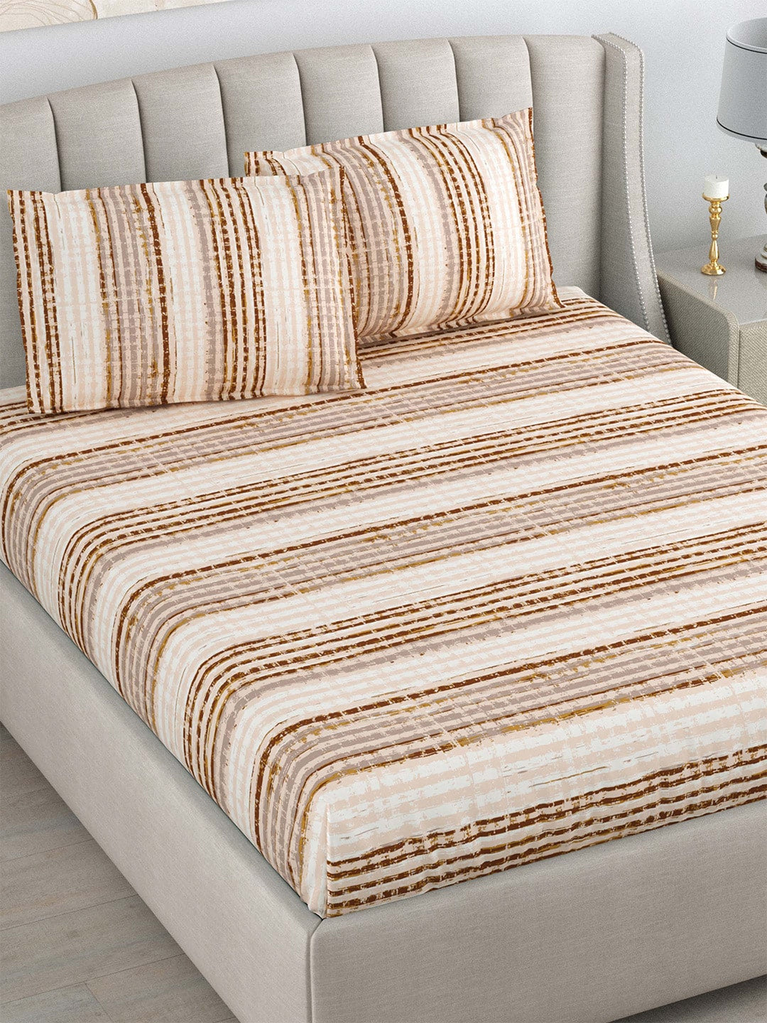 DREAM WEAVERZ Beige & Brown Striped Pure Cotton 220 TC King Bedsheet With 2 Pillow Covers 