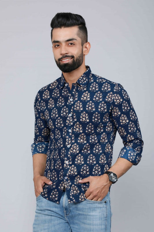 Miravan Men's Blue Floral Print Full Sleeve Casual Shirt
