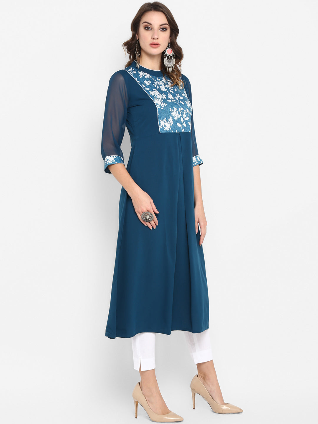 Janasya Women Turquoise Blue Yoke Design Anarkali Kurta