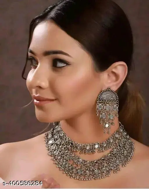 Tehzeeb Creations Women's Silver Colour Antique Necklace And Earrings With Mirror Work Tehzeeb Creations