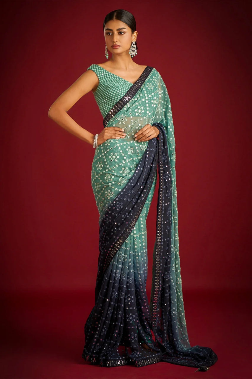 Teeya Creation Green Color Georgette Embroidery Work Saree