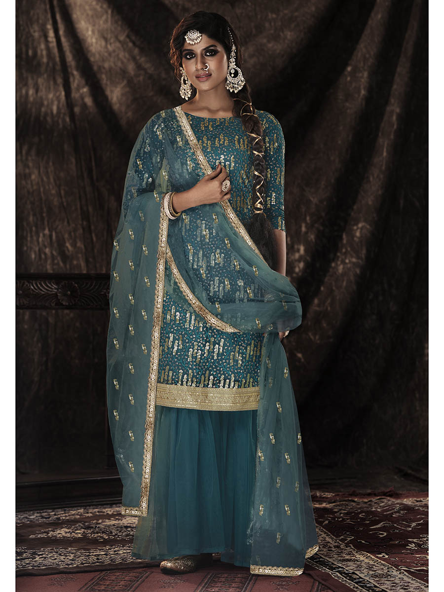 Myra Dark Firozi Net Embroidered Sharara Suit 