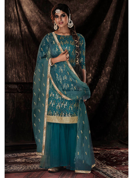 Myra Dark Firozi Net Embroidered Sharara Suit 