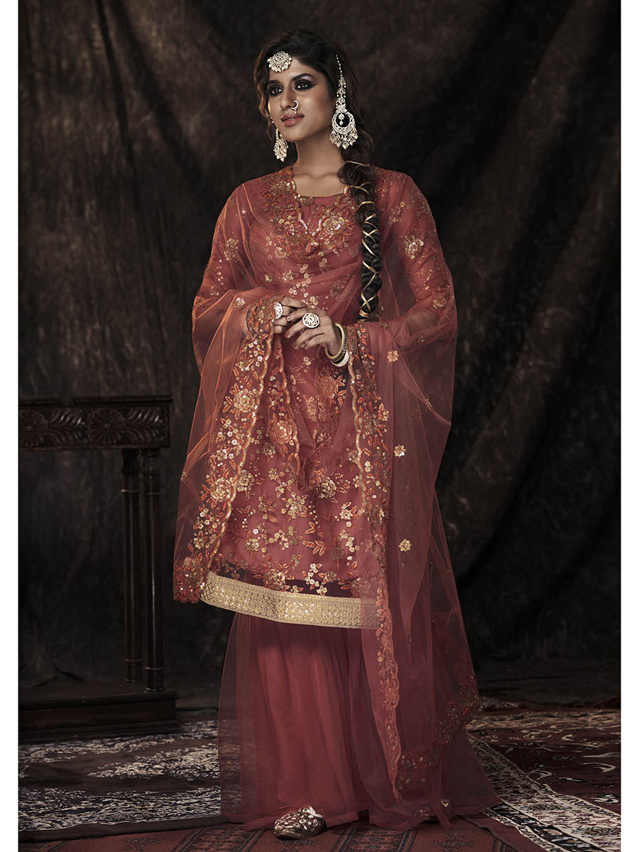 Myra Dark Orange Net Embroidered Sharara Suit 