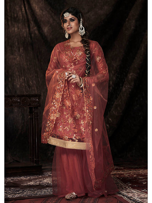 Myra Dark Orange Net Embroidered Sharara Suit 