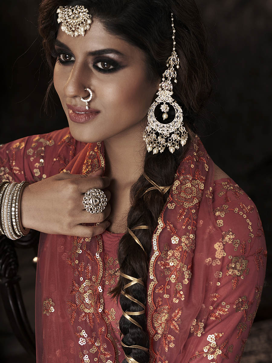 Myra Dark Orange Net Embroidered Sharara Suit 