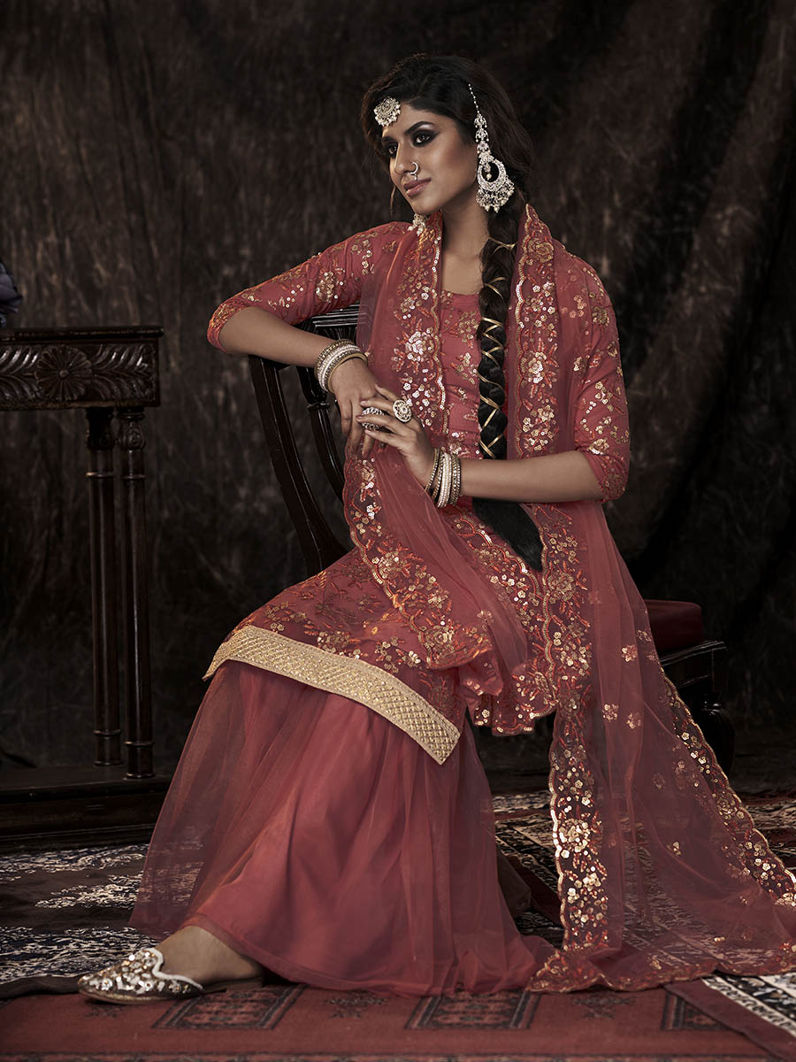 Myra Dark Orange Net Embroidered Sharara Suit 