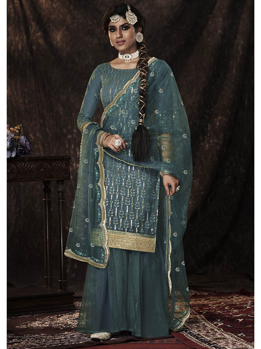 Myra Beautiful Dark Firozi Net Embroidered Sharara Suit 
