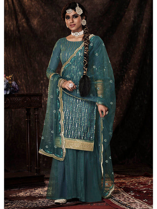 Myra Beautiful Dark Firozi Net Embroidered Sharara Suit 