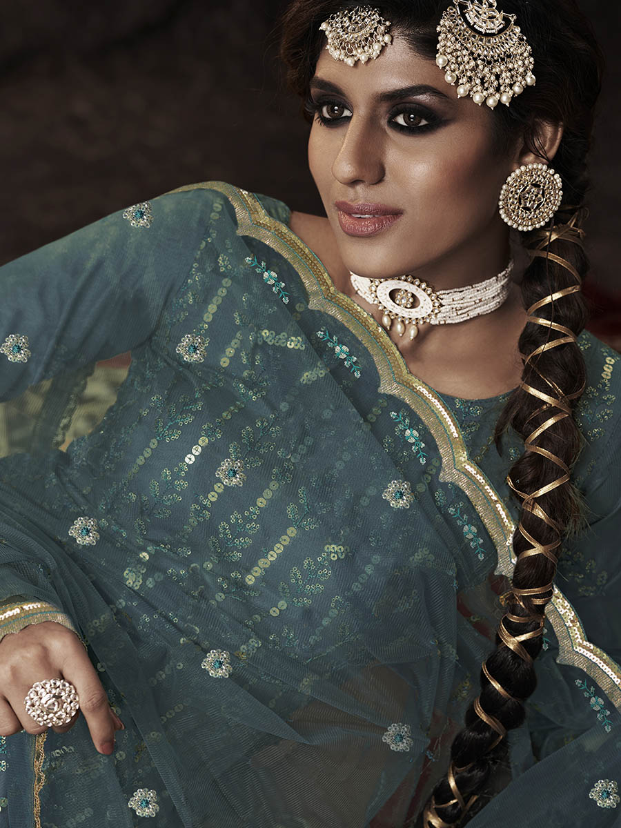 Myra Beautiful Dark Firozi Net Embroidered Sharara Suit 