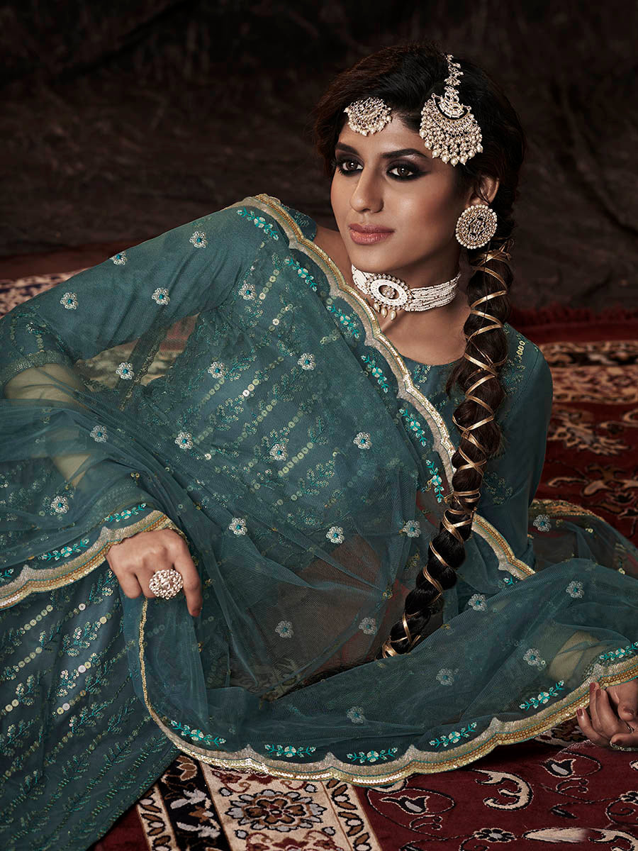 Myra Beautiful Dark Firozi Net Embroidered Sharara Suit 