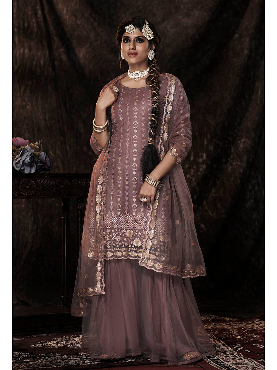 Myra Lilac Net Embroidered Sharara Suit 