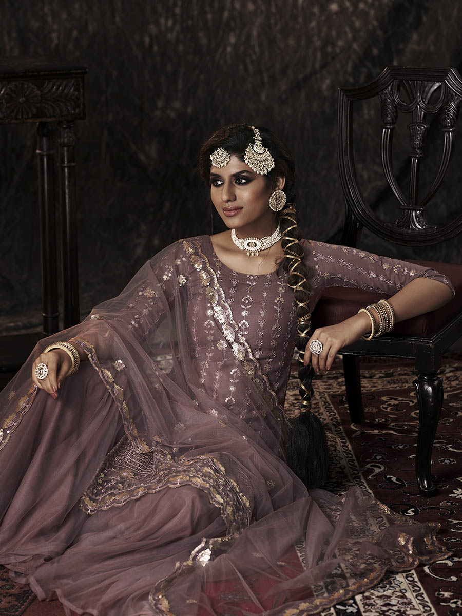 Myra Lilac Net Embroidered Sharara Suit 